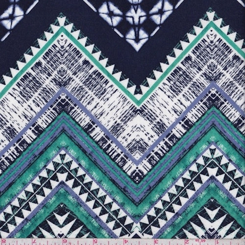Navy/Jade/White Tribal Chevron Rayon Challis Fabric