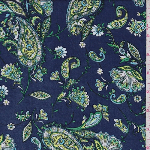 Deep Blue/Citron Stylized Paisley Rayon Challis