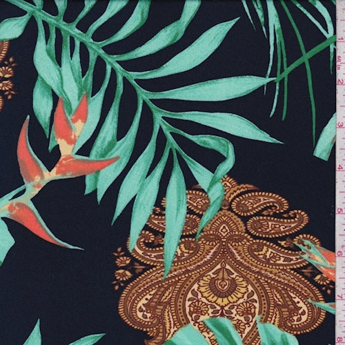 ITY Dark Navy/Jade Tropical Leaf Jersey Knit Fabric