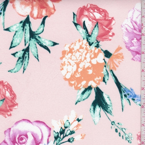 Pale Pink/Fuchsia Multi Floral Sprig Double Brushed Jersey Knit Fabric