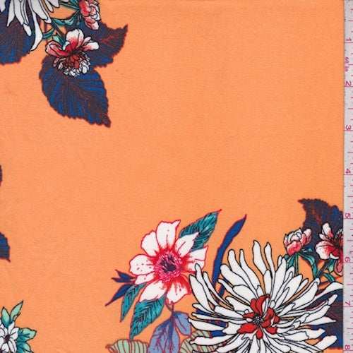 Pale Orange/White Multi Fringe Floral Cluster Double Brushed Jersey Knit Fabric