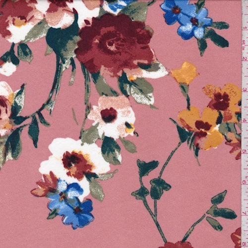 3 YD PC-Terra Cotta/Royal Multi Floral Double Brushed Jersey Knit Fabric