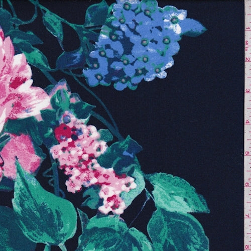 Navy Hydrangea-Floral Double Brushed Jersey Knit Fabric