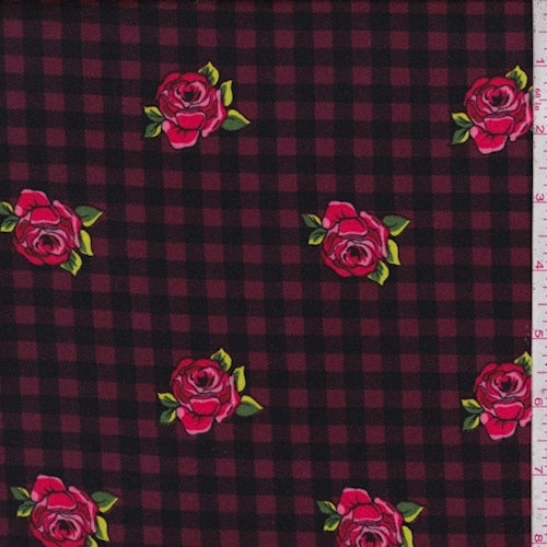 4 YD PC-Black/Mulberry/Red Check Floral Double Brushed Jersey Knit Fabric