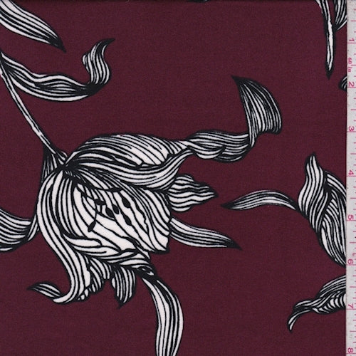 Merlot/Black Sketch Floral Double Brushed Jersey Knit Fabric
