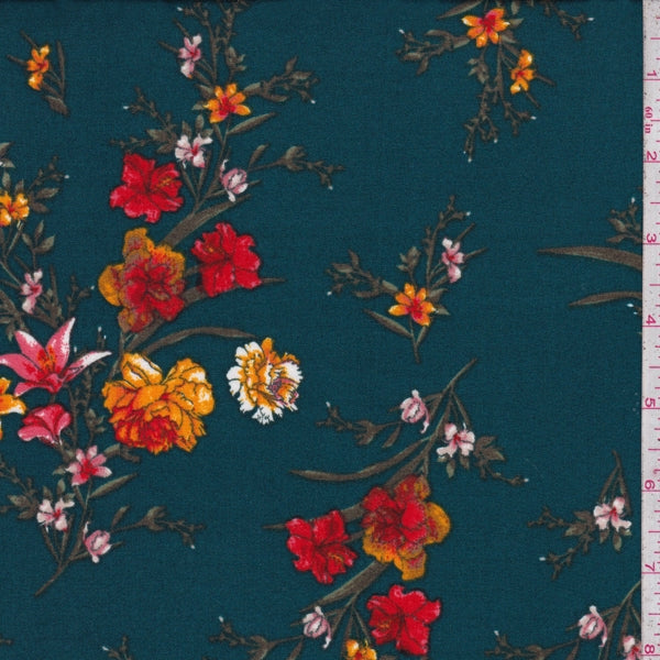 4 1/8 YD PC-Evergreen Blue Floral Sprig Double Brushed Jersey Knit Fabric