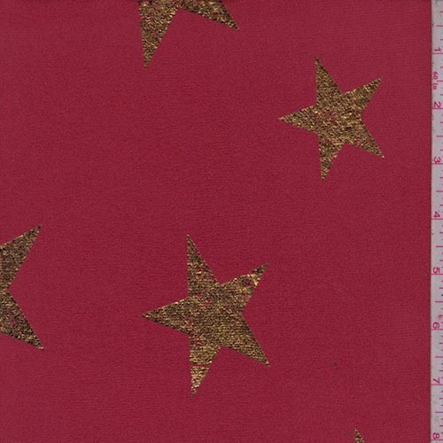 Salmon Red/Gold Star Jersey Sweater Knit Fabric