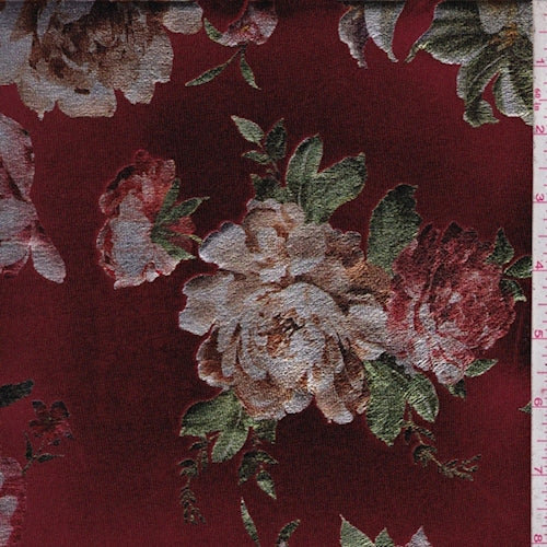 Cranberry Floral Foil Printed Velvet Knit Fabric