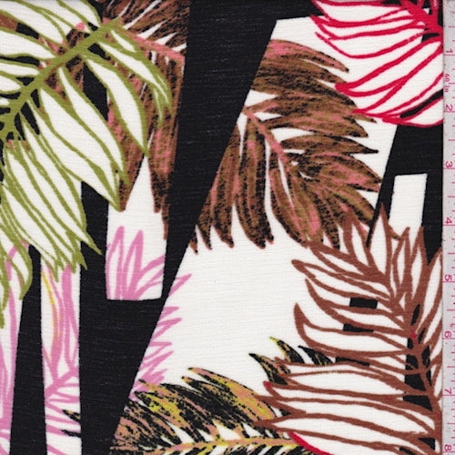 3 3/4 YD PC-White/Pink/Brown Multi Leaf Crinkled Crepe Fabric