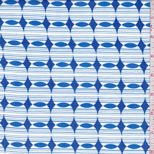 White/Blue Geo Rayon Challis Fabric