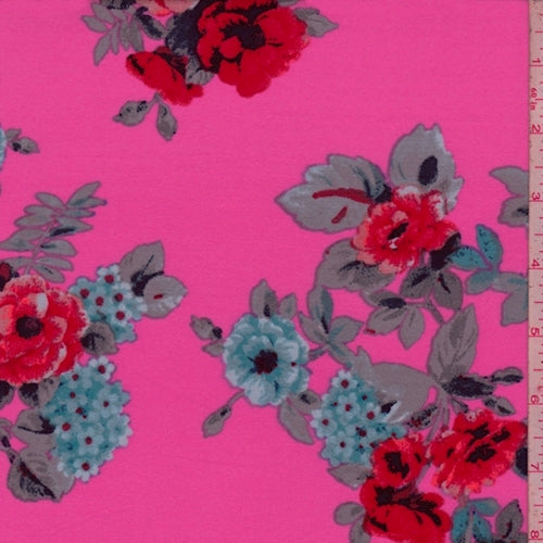 Hot Pink/Blue Multi Floral Brushed Jersey Knit Fabric