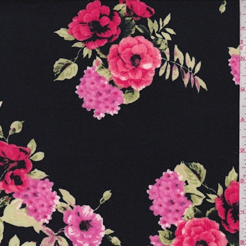 Black/Hot Pink Multi Floral Brushed Jersey Knit Fabric
