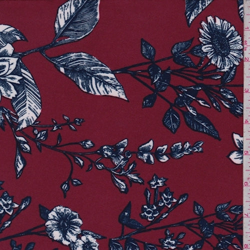 Maroon/Ink Floral Brushed Jersey Knit Fabric