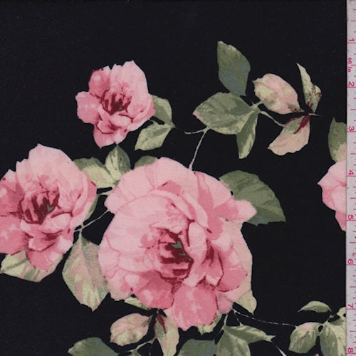 Black/Pale Pink Floral Double Brushed Jersey Knit Fabric