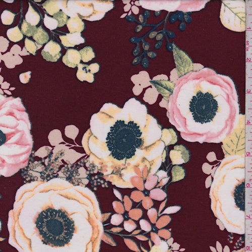 Maroon Multi Floral Bloom Brushed Jersey Knit Fabric