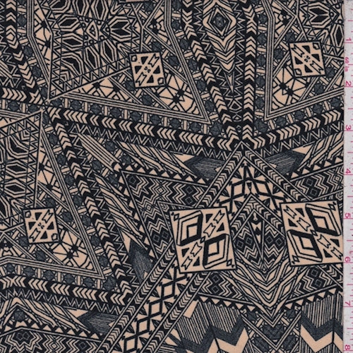 2 3/4 YD PC-ITY Beige/Charcoal Tribal Jersey Knit Fabric