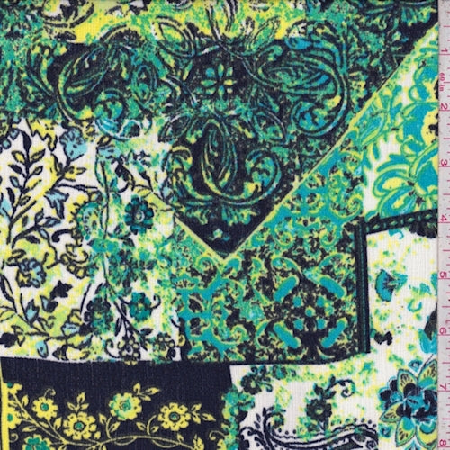 Navy/Citron Multi Stylized Patchwork Crinkled Crepe Fabric