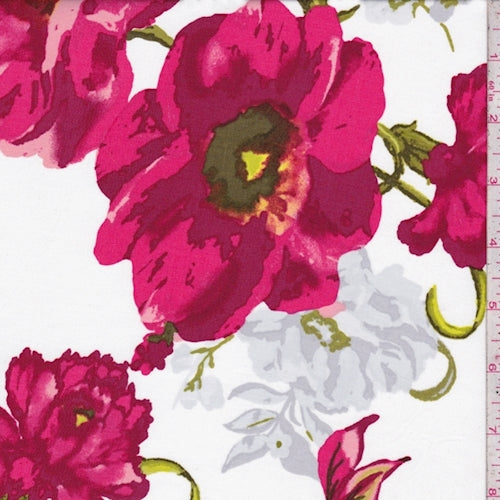 White-Ruby-Coral Modern Floral Twill Challis Fabric