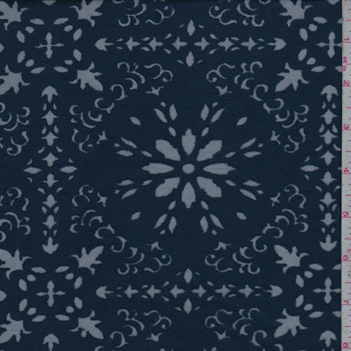 Dark Blue Floral Tile Burnout Jersey Knit Fabric