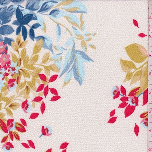 Ecru/Gold/Blue Floral Cluster Crinkled Crepe Fabric