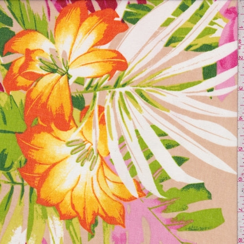 Beige/Hot Pink/Orange Tropical Floral Crepe Georgette Fabric