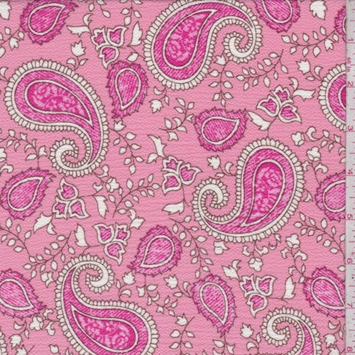 Coral Pink Paisley Crinkled Crepe Fabric