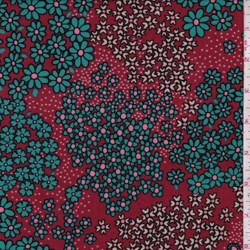 Maroon/Teal Mini Floral Matte Jersey Knit Fabric