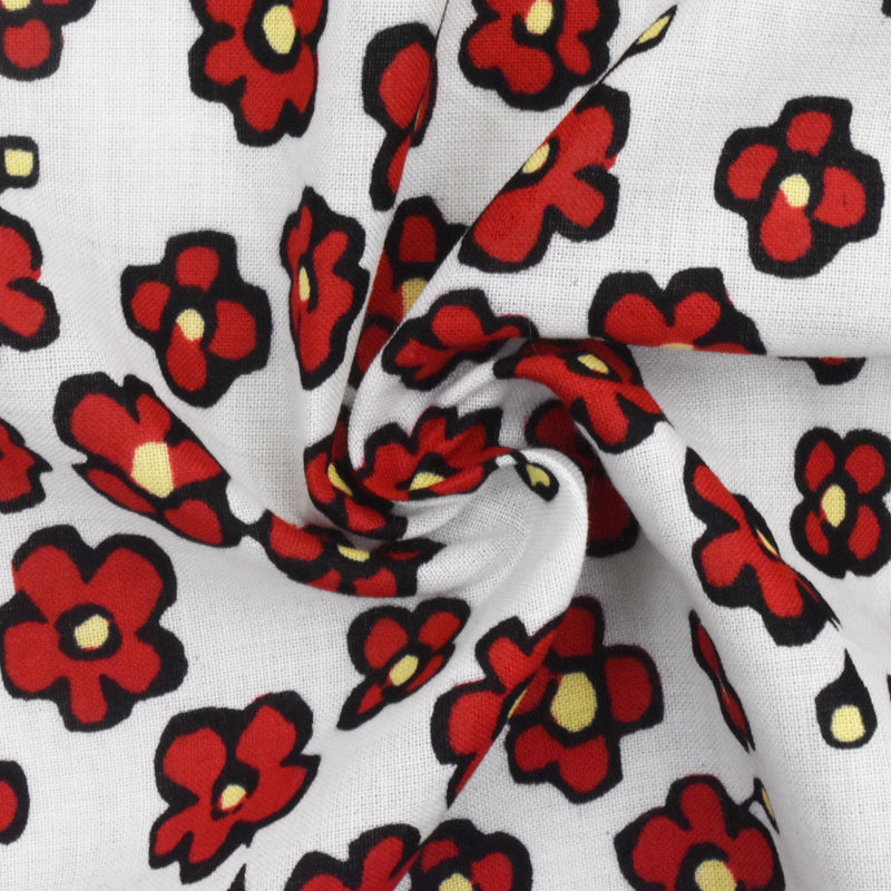 2 1/8 YD PC-Basic White-Red-Yellow Floral Printed Stretch Batiste Woven Fabric