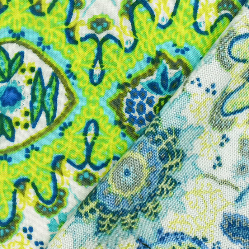 Lime-Blue-Multi Medallion Printed Rayon Challis Woven Fabric