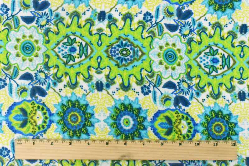 Lime-Blue-Multi Medallion Printed Rayon Challis Woven Fabric