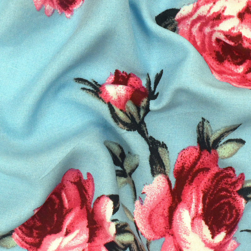 Sky Teal-Multi Floral Printed Challis Fabric