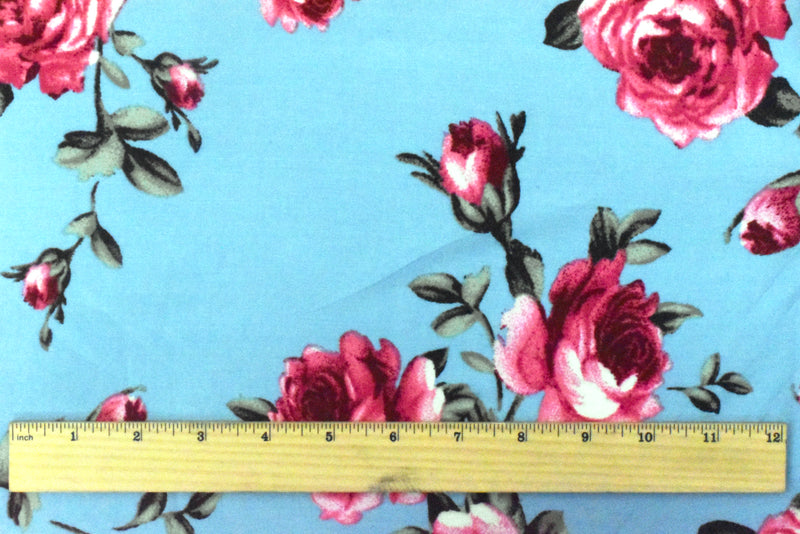 Sky Teal-Multi Floral Printed Challis Fabric