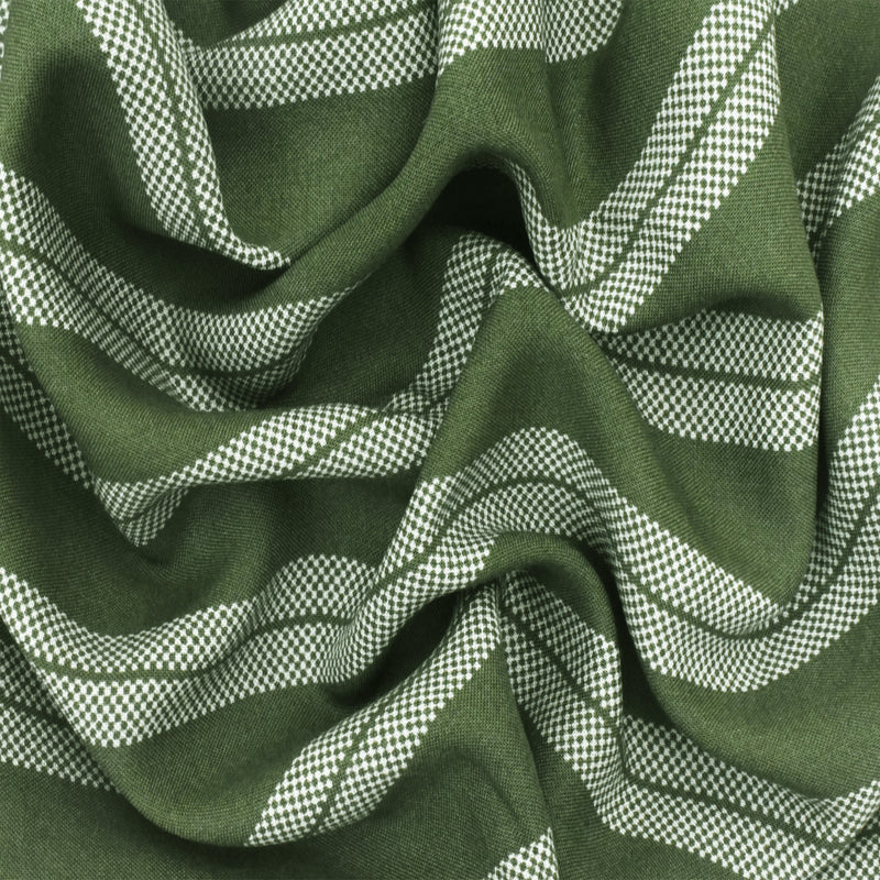 Kelp Green-White Stripe Mini Check Printed Challis Woven Fabric