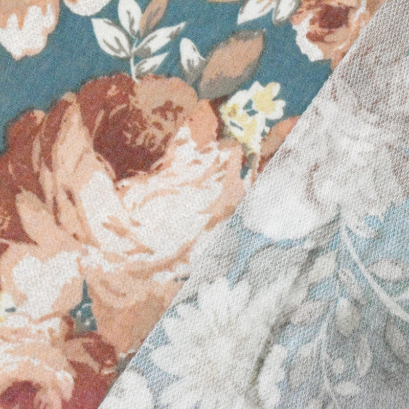 Dusty Teal-Multi Floral Printed Stretch Baby French Terry Knit Fabric