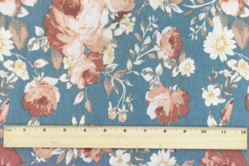 Dusty Teal-Multi Floral Printed Stretch Baby French Terry Knit Fabric