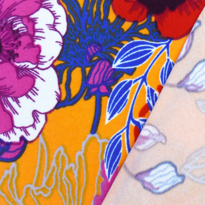 Sun Orange-Multi Floral Printed Stretch Double Brushed Jersey Knit Fabric