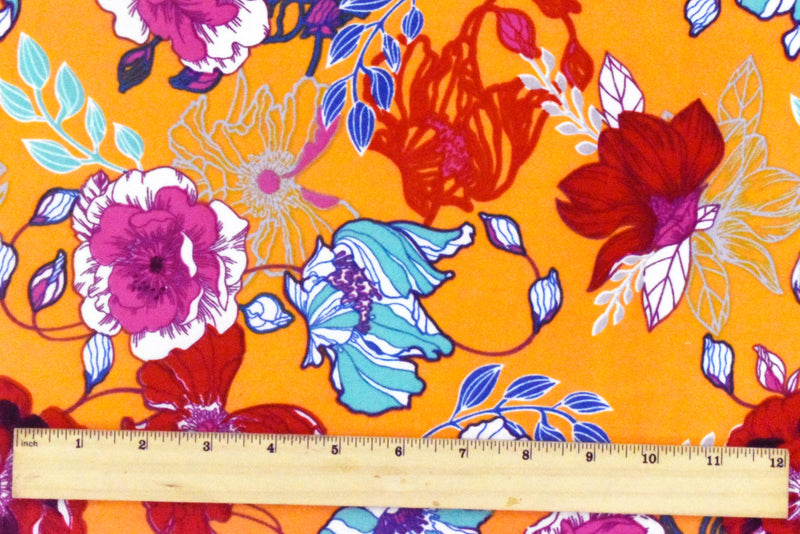 Sun Orange-Multi Floral Printed Stretch Double Brushed Jersey Knit Fabric