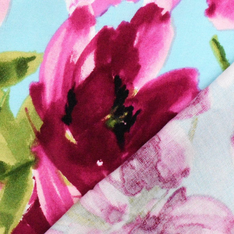 Fuchsia-Aqua-Multi Floral Printed Challis Woven Fabric