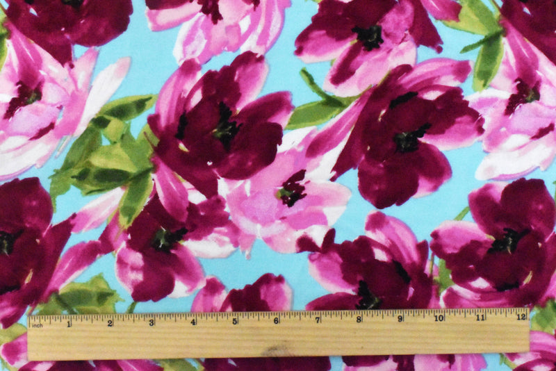 Fuchsia-Aqua-Multi Floral Printed Challis Woven Fabric