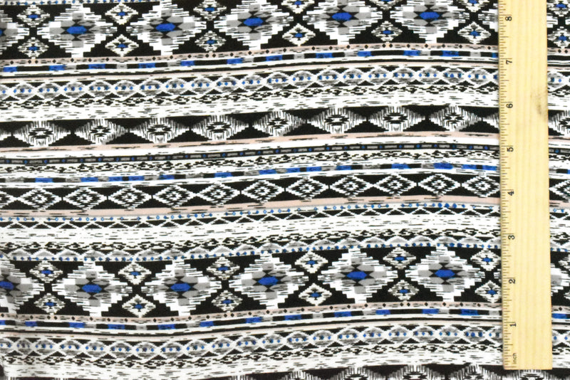 White-Beige-Multi Aztec Stripe Printed Rayon Challis Woven Fabric