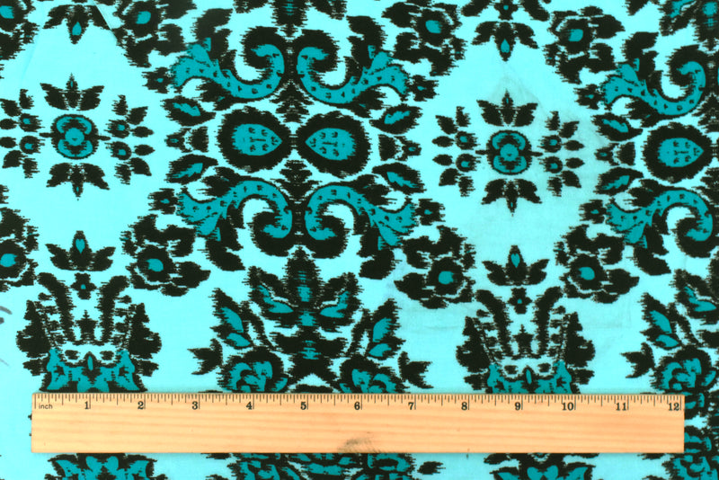 Clean Teal-Black Baroque Printed Challis Woven Fabric