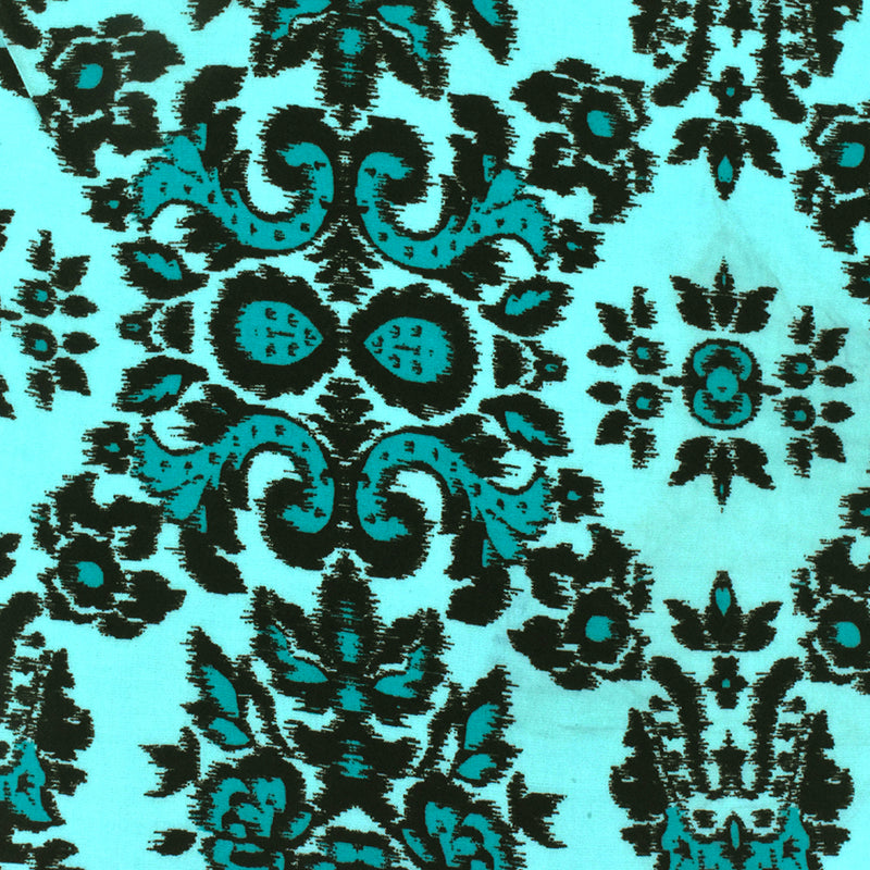 Clean Teal-Black Baroque Printed Challis Woven Fabric