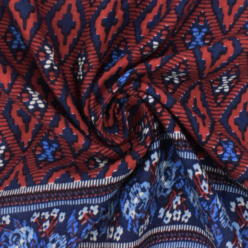 2 YD PC-Navy-Red-Multi Paisley Border Printed Challis Woven Fabric