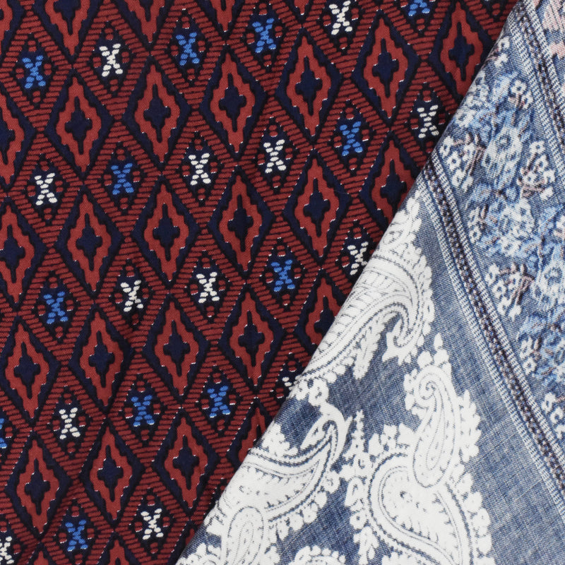 2 YD PC-Navy-Red-Multi Paisley Border Printed Challis Woven Fabric