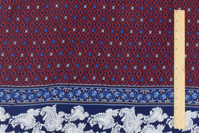 3 YD PC-Navy-Red-Multi Paisley Border Printed Challis Woven Fabric