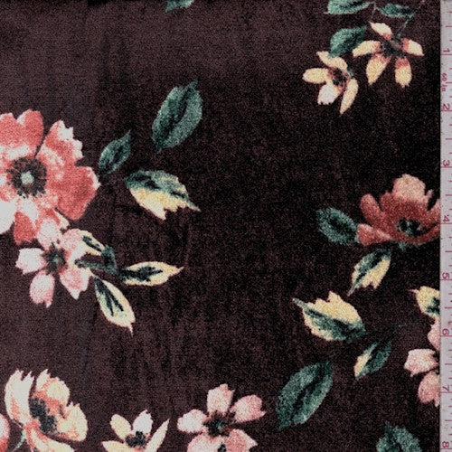 2 3/4 YD PC-Deep Brown/Multi Floral Printed Stretch Velvet Knit Fabric