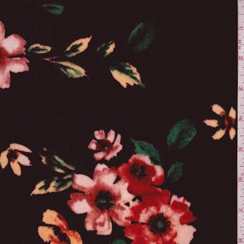1 7/8 YD PC-Chocolate/Multi Floral Printed Stretch Velvet Knit Fabric