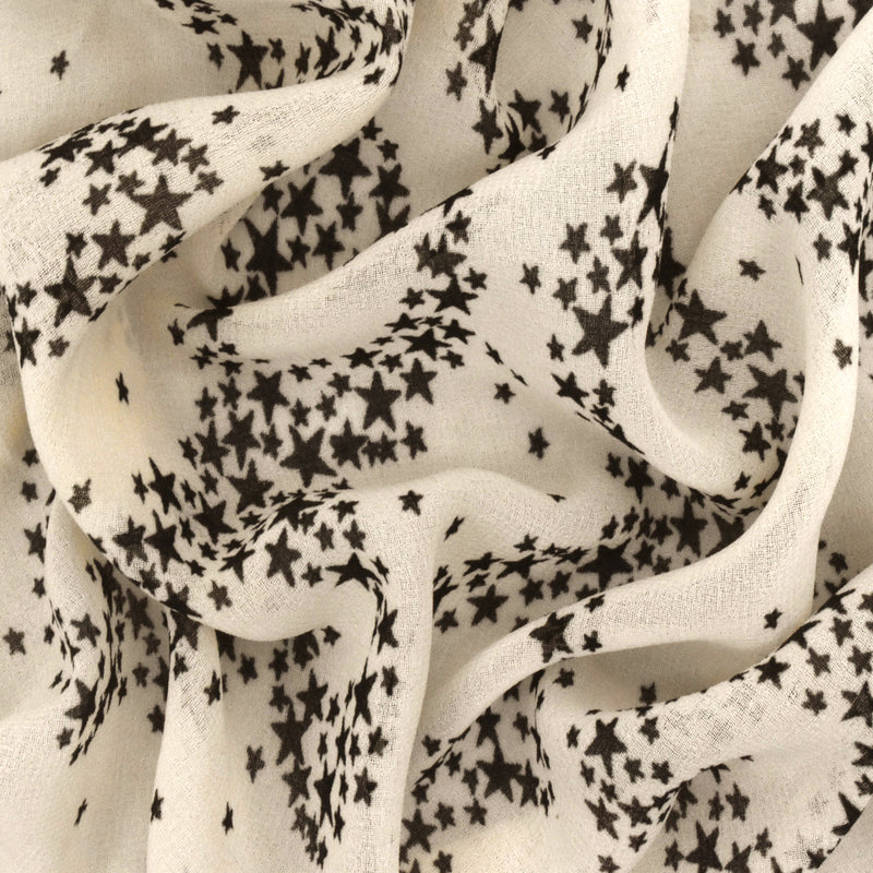 Cream Beige-Black Star Galaxy Printed Chiffon Woven Fabric