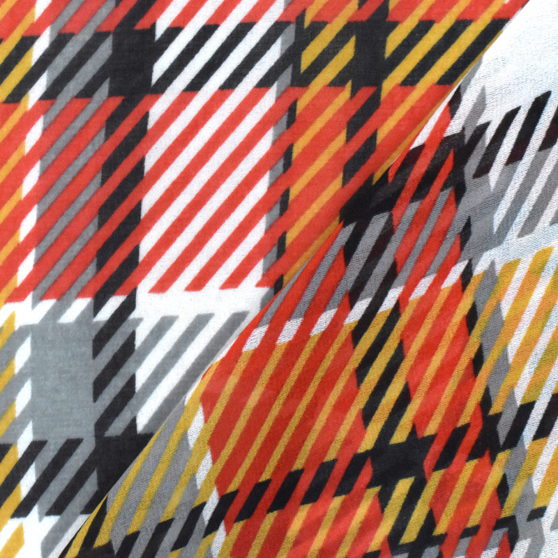 2 YD PC-Pure Red-Dijon-Multi Plaid Printed Poly Chiffon Woven Fabric