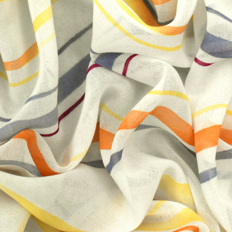 Ivory-Yellow-Multi Stripe Printed Poly Chiffon Woven Fabric